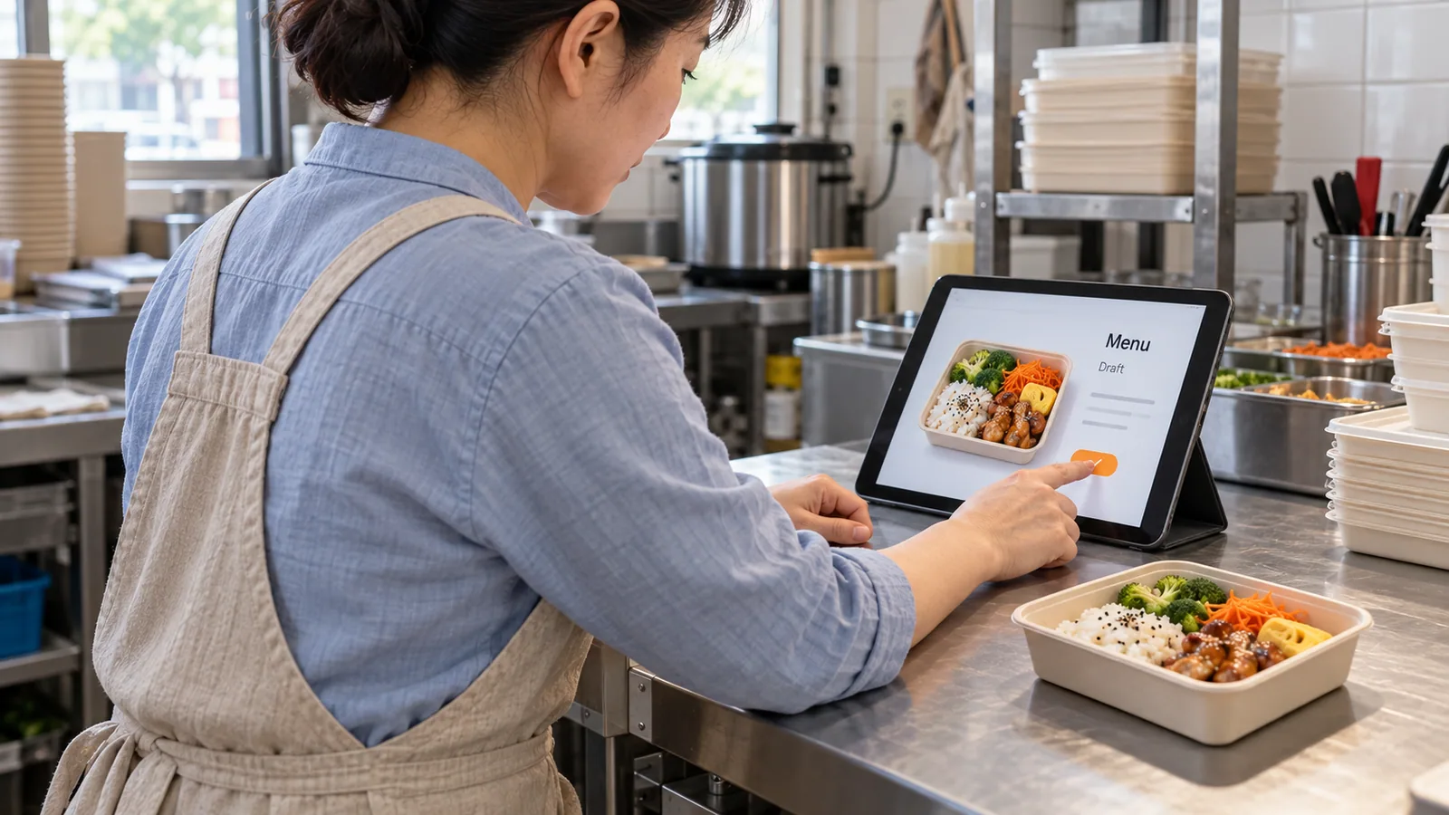 도시락 매장 작업대에서 태블릿으로 메뉴 초안을 확인하는 사람 (AI 생성 이미지 · 가상 예시)