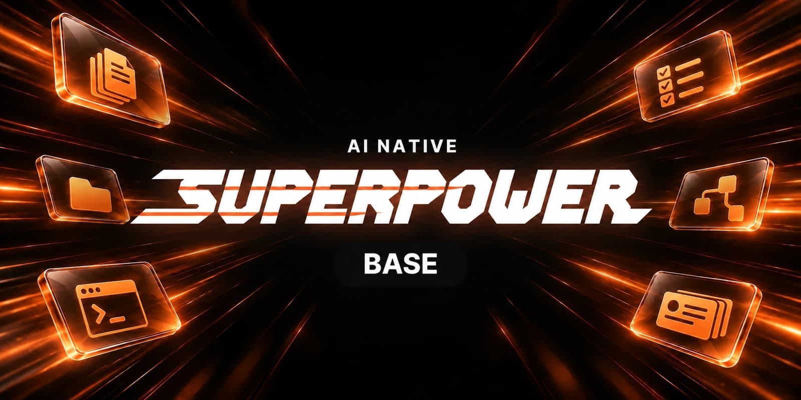 AI NATIVE SUPERPOWER BASE — 문서·폴더·터미널과 할 일·업무 흐름·개인 지식 카드가 중앙 주황 빛을 향해 놓인 그림