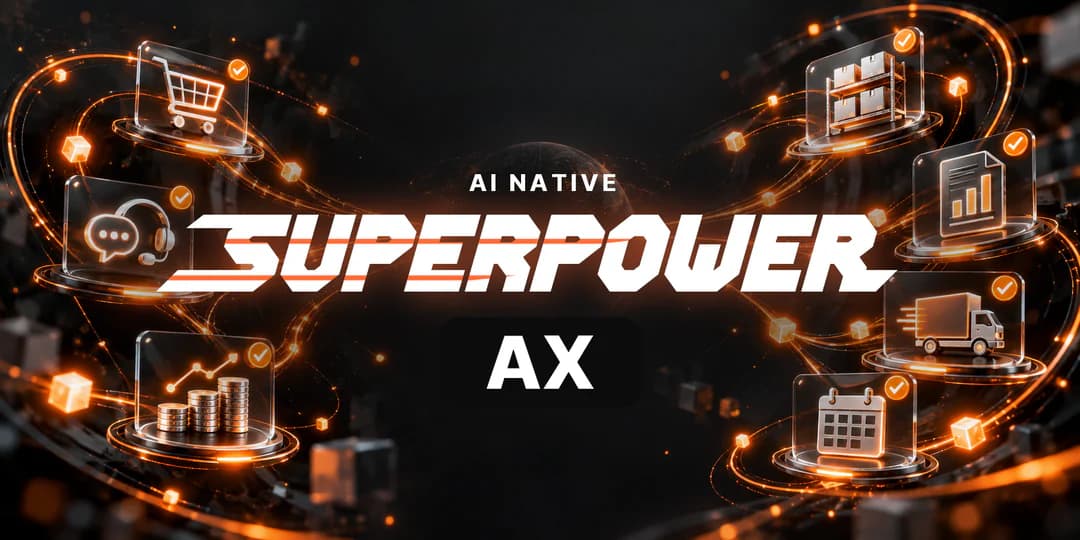 AX — 주문 · 고객 응대 · 재무 · 재고 · 보고 · 배송 · 일정 업무 카드가 가운데 AI 코어를 중심으로 빛줄기를 타고 저절로 돌아가는 그림
