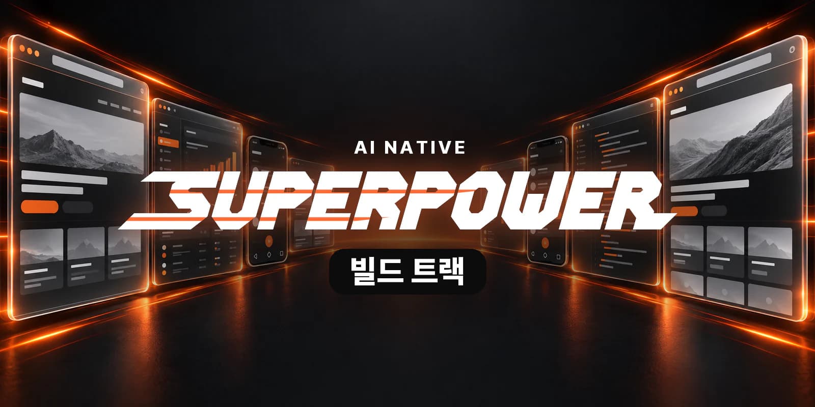 AI NATIVE 빌드 트랙 — 웹사이트 화면 · 모바일 앱 화면 · 대시보드 창이 양쪽으로 줄지어 선 그림